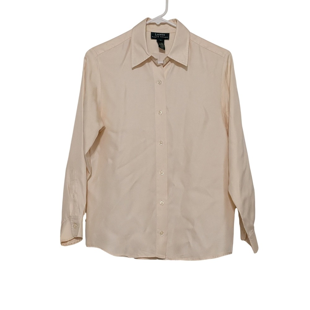 Lauren Ralph Lauren 100% Silk Twill Button Down Shirt Cream Beige Womens 4